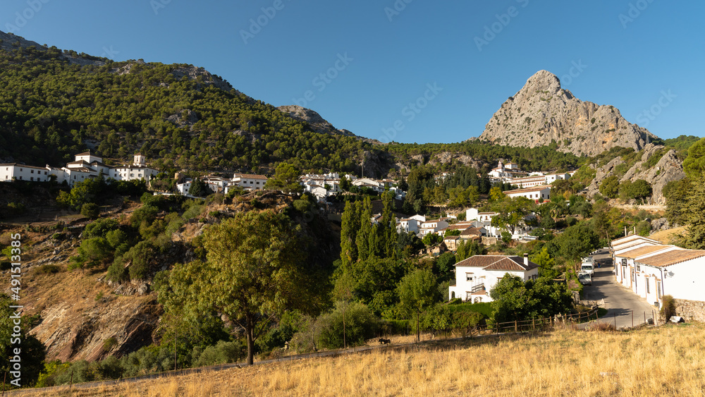 Panoramic view of the beautiful andalusian white village of Grazalema in Natural Park of Grazalema mountain range, Cadiz province, Andalusia, Spain