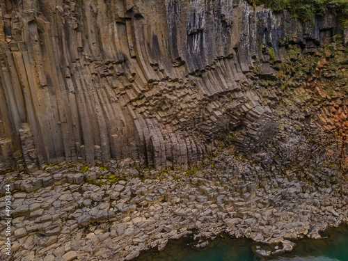 Beautiful aerial view of the studlagil canyon, and the largest number of basalt rock columns in Iceland