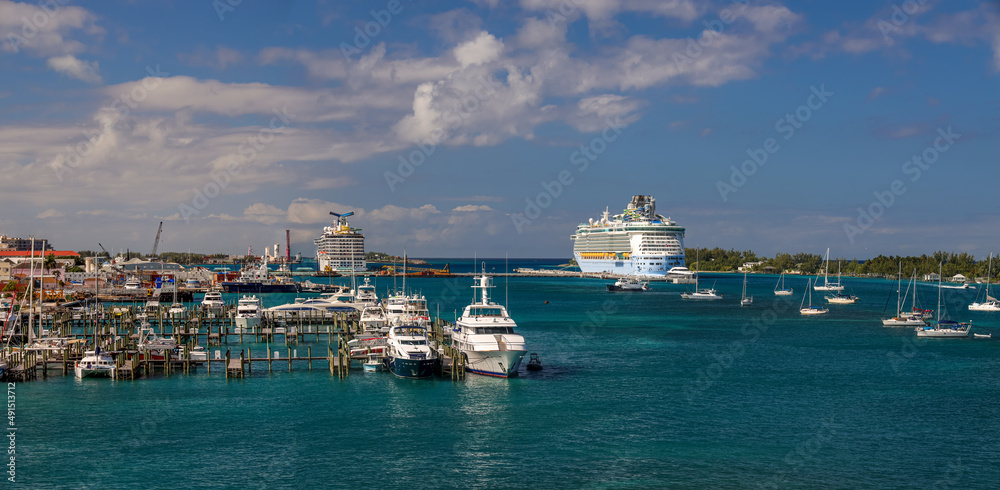 The panoramic view of Nassau port and Paradise Island, Bahamas.