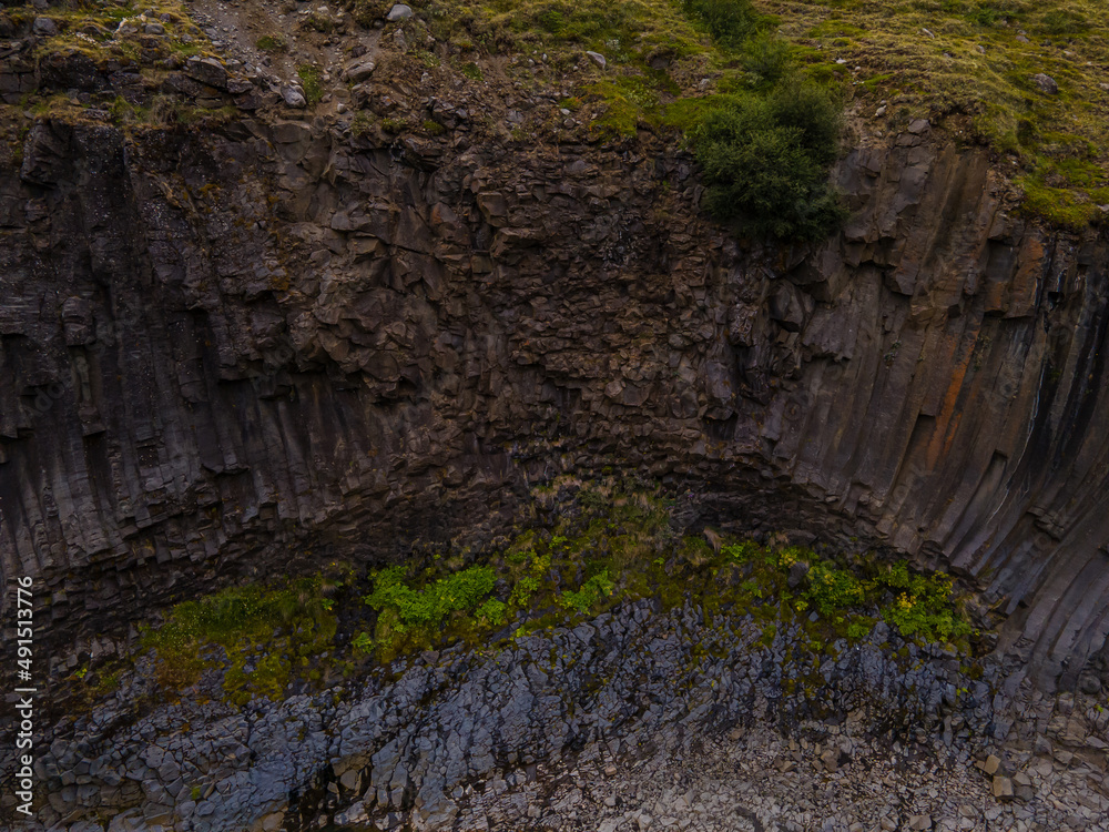 Beautiful aerial view of the studlagil canyon, and the largest number of basalt rock columns in Iceland Beautiful aerial view of the studlagil canyon, and the largest number of basalt rock columns in Iceland