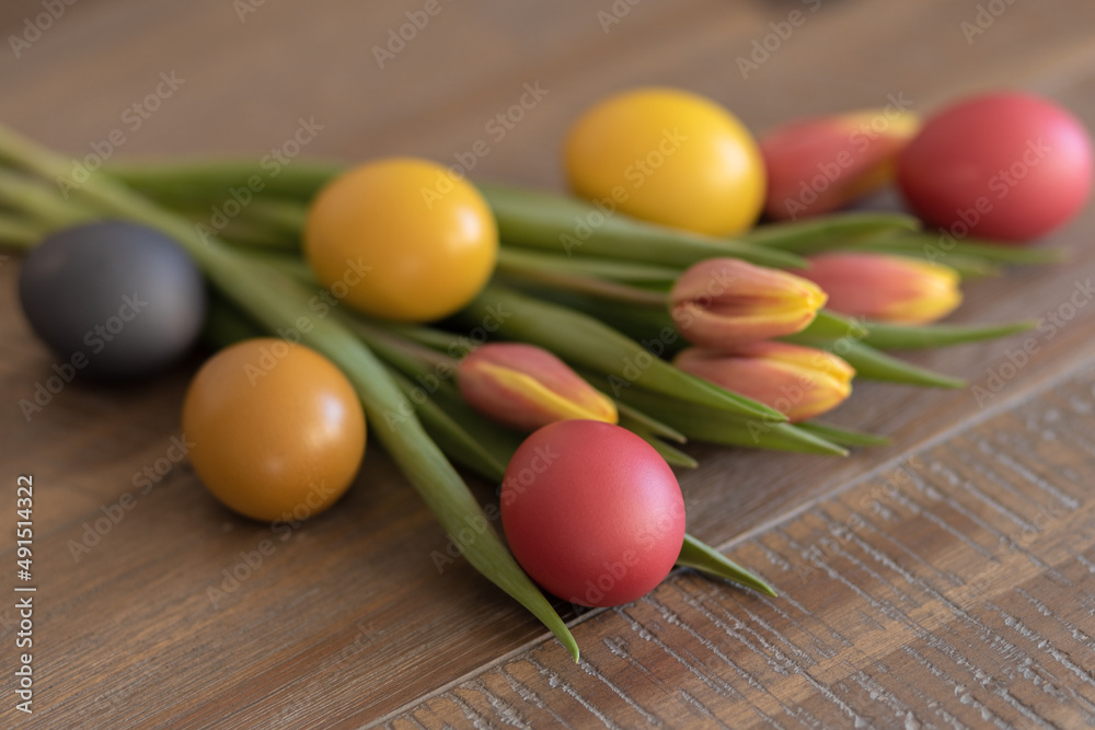 colored Easter eggs along with tulips lying on a wooden table colored Easter eggs along with tulips lying on a wooden table