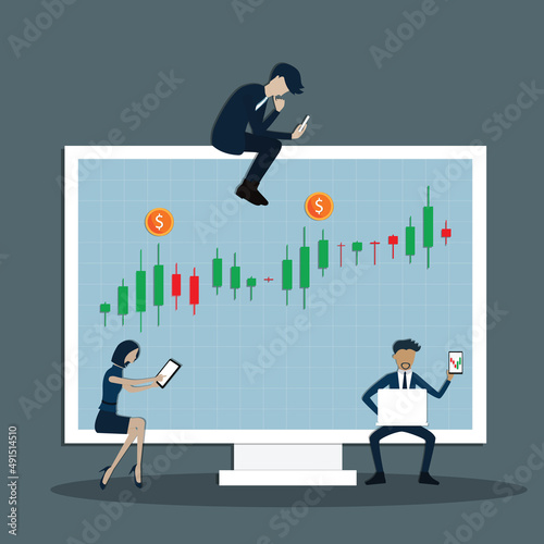 Flat of business finance,People are trading around the huge monitor - vector