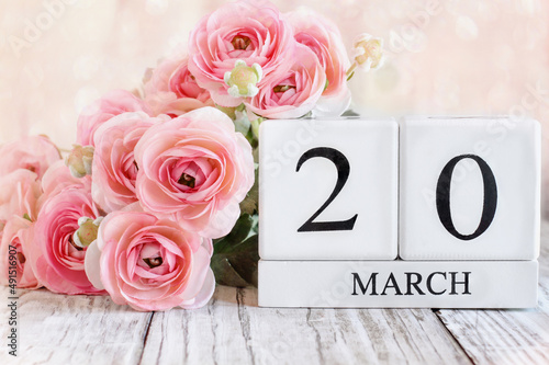 Bild auf Leinwand White wood calendar blocks with the date March 20th for the first day of spring or the International Happiness Day, pink ranunculus flowers over a wooden table