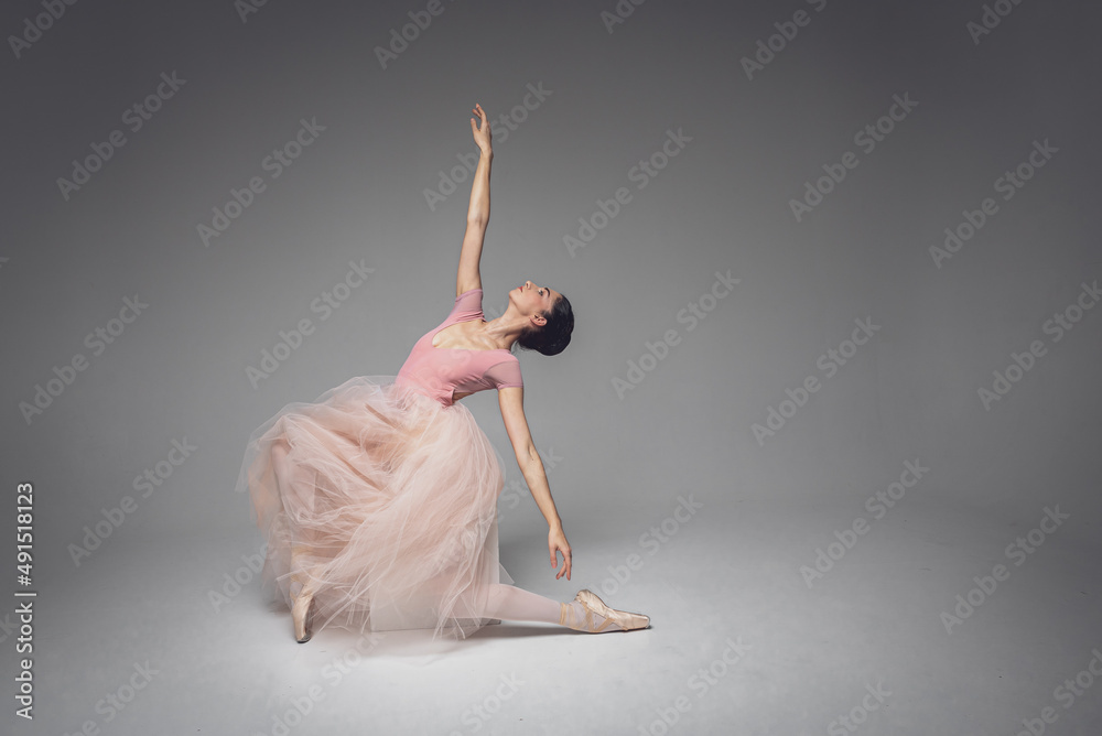 young pretty, fragile, beautiful ballerina dancing in a long pale pink dress with a tulle on a uniform background, hand restrained tone. Ballet, dance, dancer. Place for inscription Stock-foto | Adobe