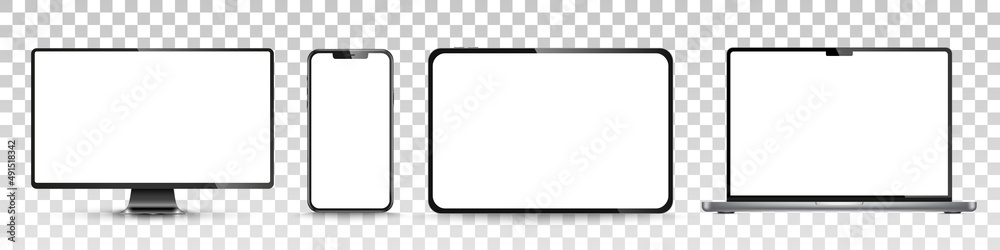 Device screen mockup. Smartphone, tablet, laptop and monoblock monitor, with blank screen for you design. PNG. Vector illustration Device screen mockup. Smartphone, tablet, laptop and monoblock monitor, with blank screen for you design. PNG. Vector illustration
