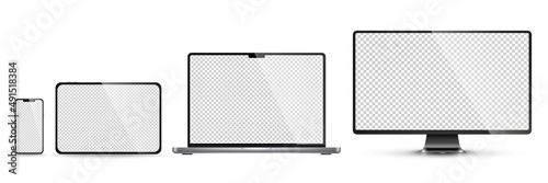 Device screen mockup. Smartphone, tablet, laptop and monoblock monitor, with blank screen for you design. PNG. Vector illustration 