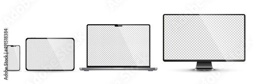 Device screen mockup. Smartphone, tablet, laptop and monoblock monitor, with blank screen for you design. PNG. Vector illustration	
