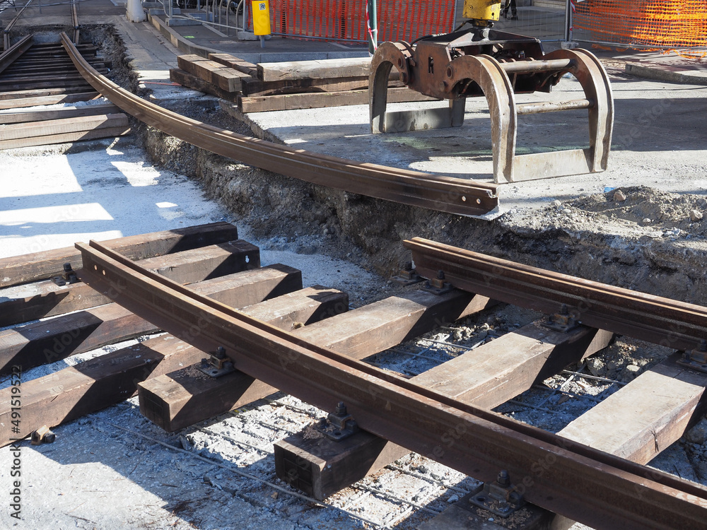 tramway rails construction work Stock Photo | Adobe Stock