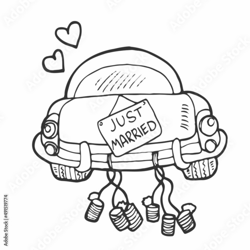 Just married bride and groom in car wedding invitation. Cute cartoon, outline drawing. Vector illustration.