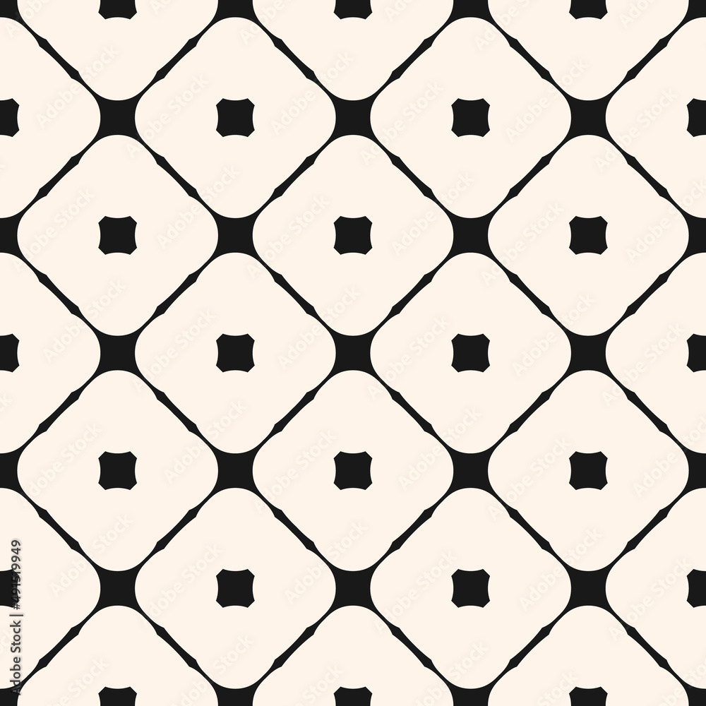 Naklejka premium Vector geometric grid seamless pattern. Abstract monochrome texture with big rounded shapes, diagonal square mesh, grid, net, lattice. Simple graphic ornament, repeat tiles. Modern repeat geo design