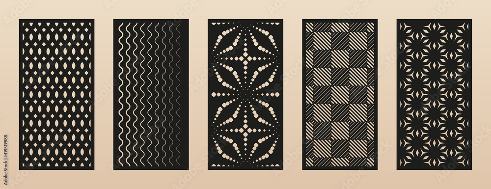 Vecteur Stock Laser cut pattern set. Collection of modern abstract  geometric panels with lines, grid, floral ornament, halftone effect.  Decorative stencil for laser cutting of wood, metal, paper. Aspect ratio  1:2