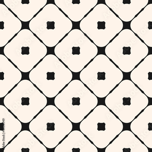 Vector geometric grid seamless pattern. Abstract monochrome texture with big rounded shapes, diagonal square mesh, grid, net, lattice. Simple graphic ornament, repeat tiles. Modern repeat geo design