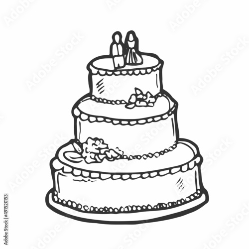 Vector sketch of wedding cake with floral decoration isolated on a white