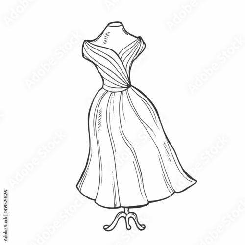 Long wedding dress. Vector sketch. Doodle style dress