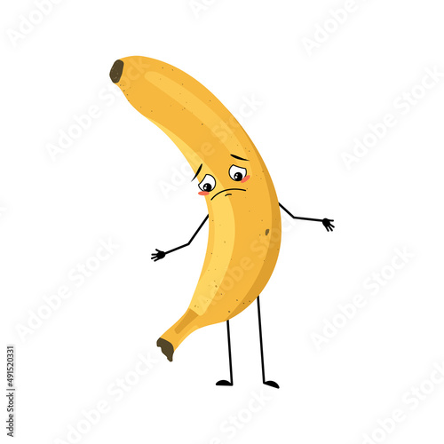 Banana character with sad emotions, depressed face, down eyes, arms and legs. Person with melancholy expression, fruit emoticon. Vector flat illustration