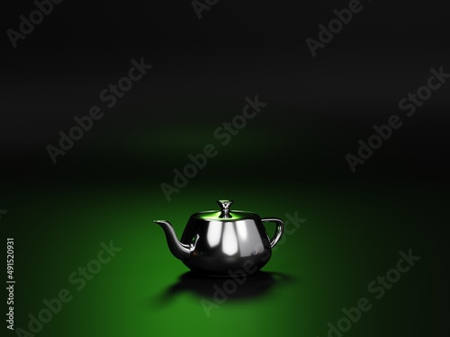 Metal kettle on dark background, 3D rendering