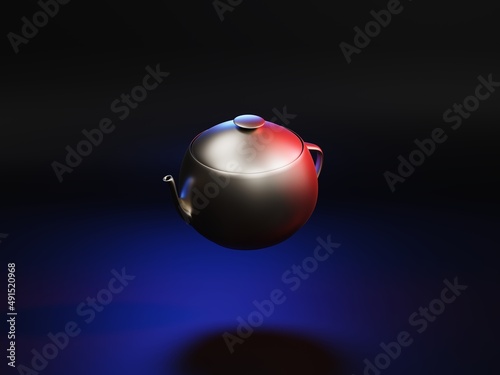 Metal kettle on dark background, 3D rendering