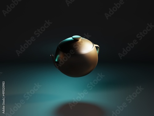 Metal kettle on dark background, 3D rendering