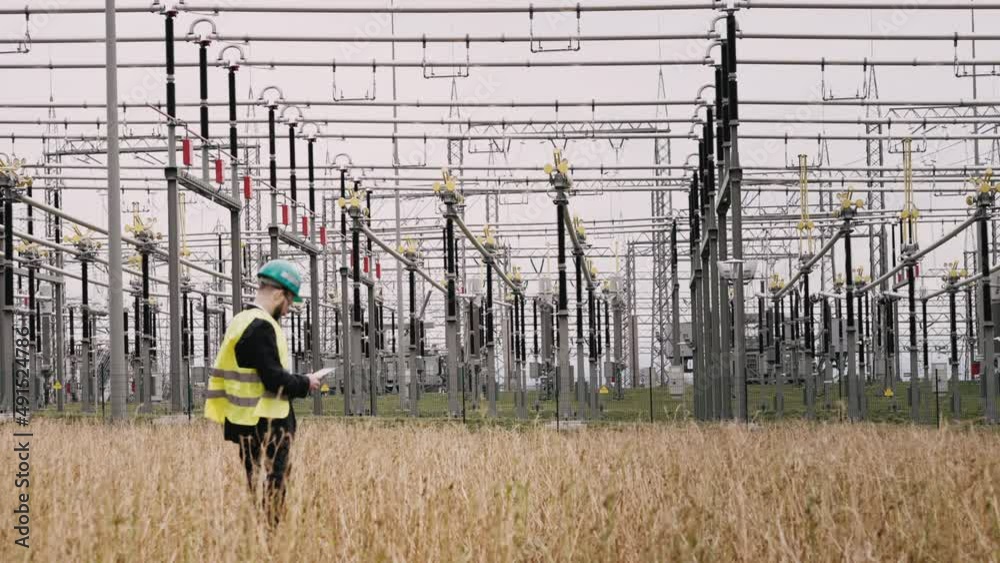 Electric engineer wearing helmet suit and safety vest at bad weather checking datas on tablet with substation in background shot in 4k super slow motion Electric engineer wearing helmet suit and safety vest at bad weather checking datas on tablet with substation in background shot in 4k super slow motion