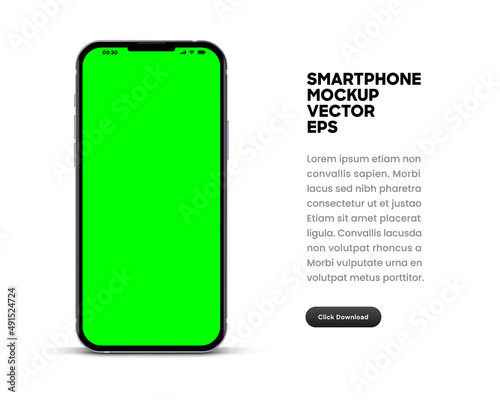 Realistic smartphone with green chroma key touch screen background. Frameless mobile phone in front view. High quality detailed device mockup. Screen backdrop template. 3d Vector illustration.