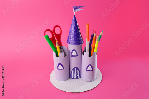 Castle toilet paper roll craft concept for kid and kindergarten, how to make pencil holder, step by step instruction, tutorial, DIY photo