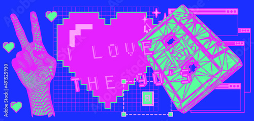 Collage with 3D low poly model of a hand showing V-sign and music cassette tape. Webpunk vaporwave style.