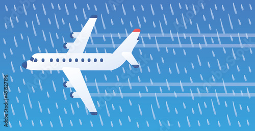 White jet passenger airplane flying in a dark blue sky through the rain, rainstorm or non-flying rainy weather flat vector illustration.