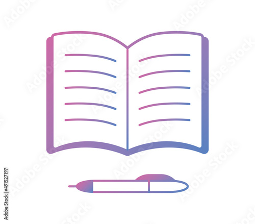 Open book or diary with pen, screenplay script text writing and editing, information manual article, literature reading, learning or library education flat vector icon.