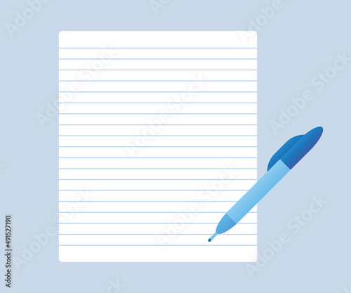Blank lined sheet page of diary note paper, letter, document or notebook with pen vector illustration.