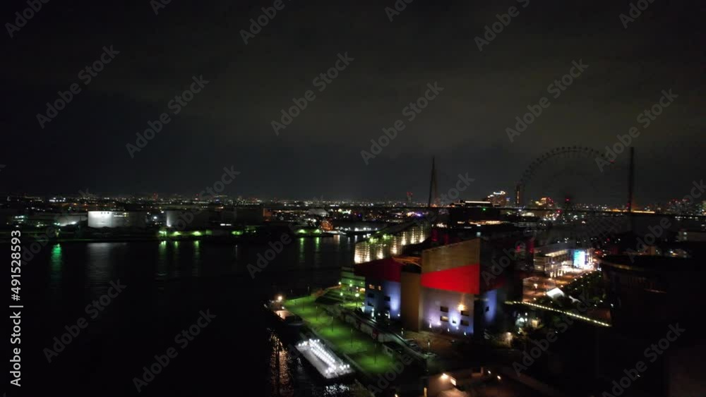 大阪港周辺の夜景 天保山周辺をドローンで空撮 大阪港周辺の夜景 天保山周辺をドローンで空撮
