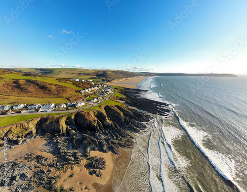 Aerial View of Combesgate & Woolacombe beaches - Woolacombe, Devon, UK photo