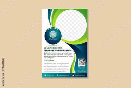 abstract flyer template design use a headline is long term care professional insurance. vertical layout with space for circle photo collage and text. blue and green gradient and elements.