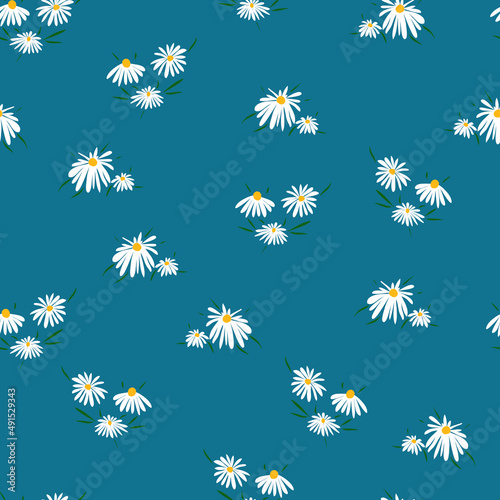 Blossom floral seamless pattern with daisy. Blooming botanical motifs scattered random. Color vector texture for fashion, fabric, wallpaper, print. Hand drawn flower on blue background