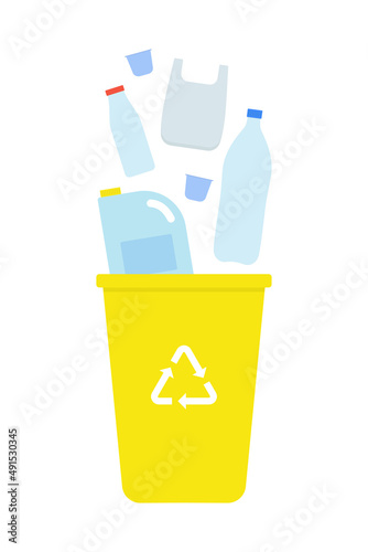 Recycling plastic waste concept. Yellow trash bin with plastic packaging and bottles. Isolated on white background. Vector illustration.