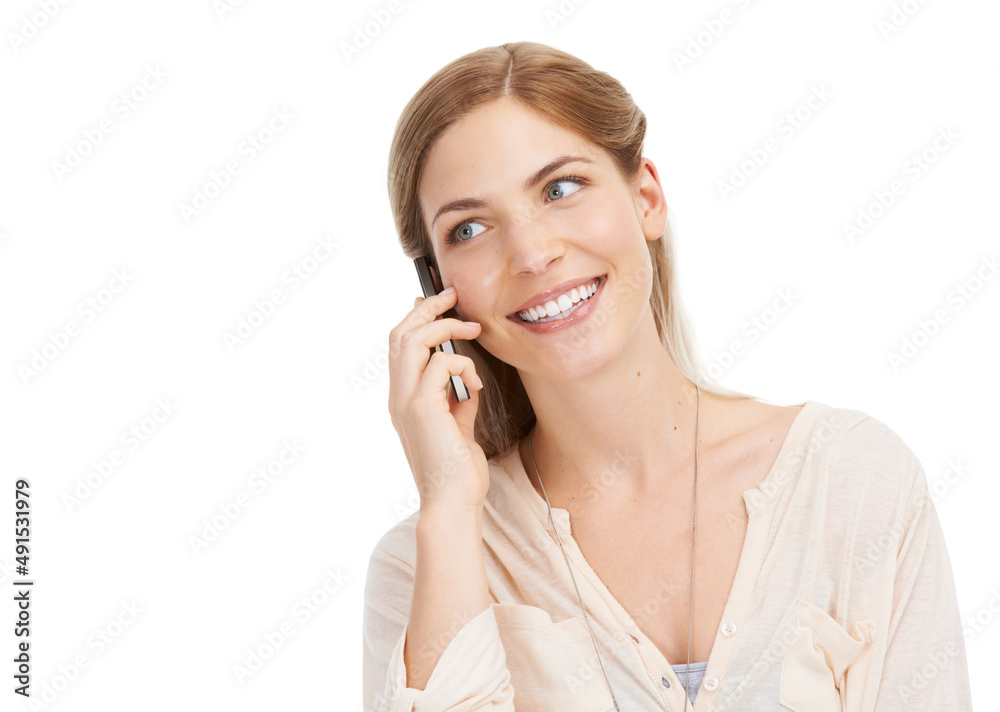 Happiness is just a phone call away. Studio shot of an attractive young woman talking on a mobile phone against a white background. Happiness is just a phone call away. Studio shot of an attractive young woman talking on a mobile phone against a white background.