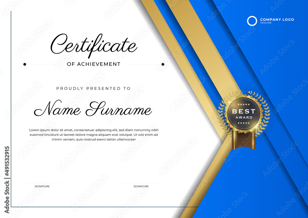 Elegant blue and gold certificate of achievement template with gold ...