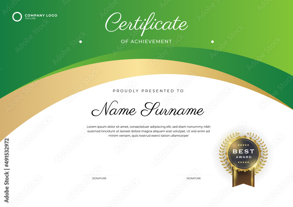 Elegant green and gold certificate of achievement template with gold ...