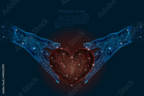Abstract isolated image of human hand holding red heart. Polygonal low poly style illustration looks like stars in the blask night sky in spase or flying glass shards.