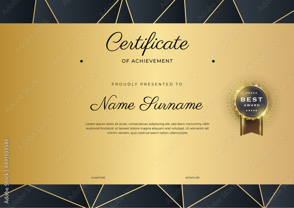 Elegant black and gold certificate of achievement template with gold ...