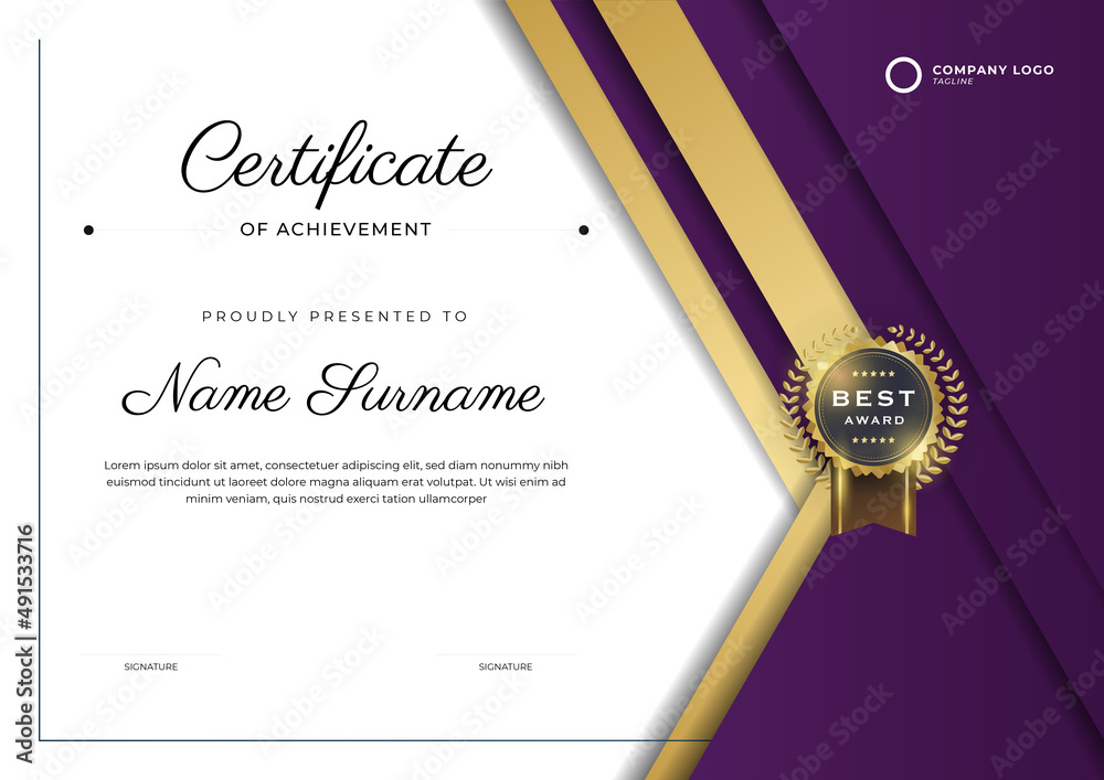 Elegant purple and gold certificate of achievement template with gold ...