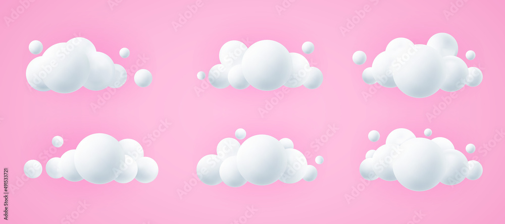 3d realistic clouds set blue background cartoon fluffy icon in the pink sky geometric shapes vector illustration