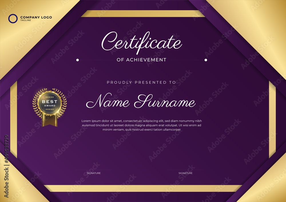 Elegant purple and gold certificate of achievement template with gold ...