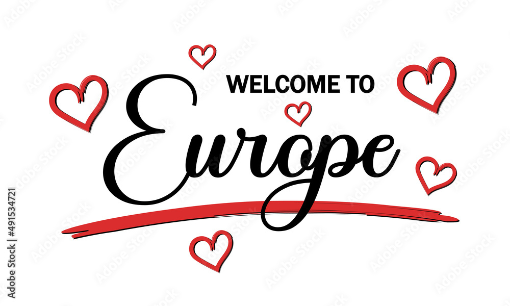 Welcome To Europe Text With Hearts Card And Lettering Design Vector Illustration