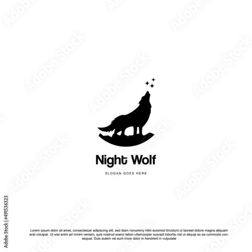 wolf silhouette elements. Vintage style night wolf logo.