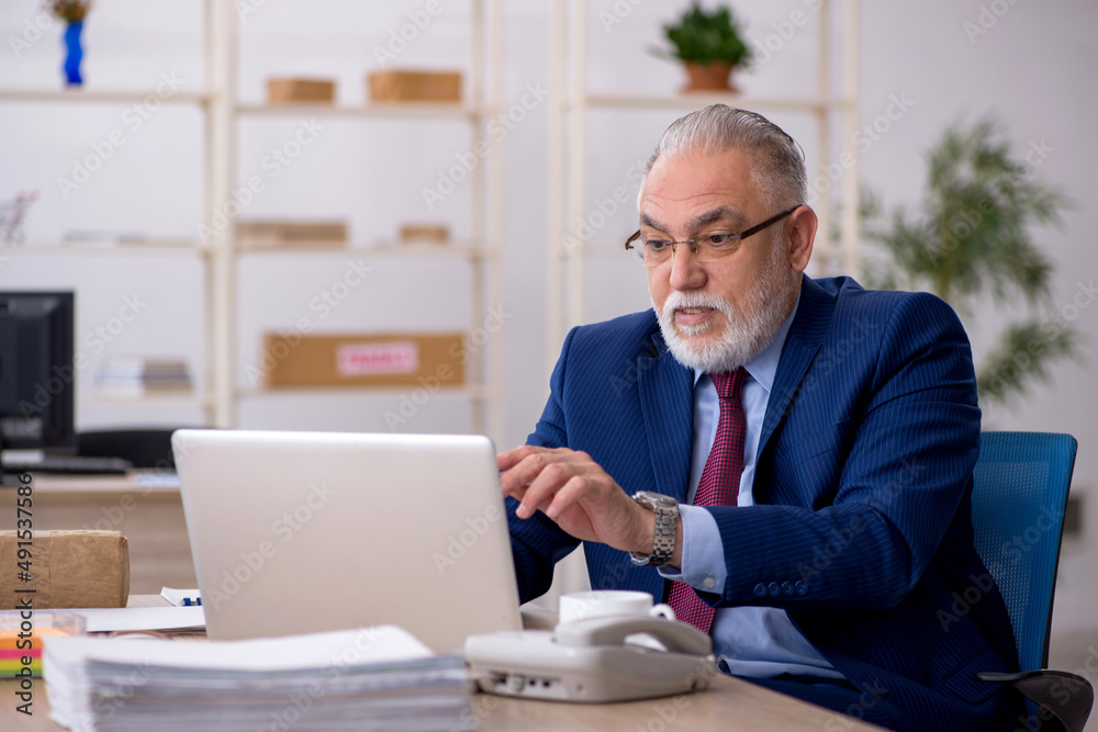 Old male employee working in the office Old male employee working in the office