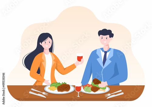 People Eating Food at Each Meal with Health Benefits, Balanced Diet, Vegan, Nutritional and the Food Should be Eaten Every Day in Flat Background Illustration