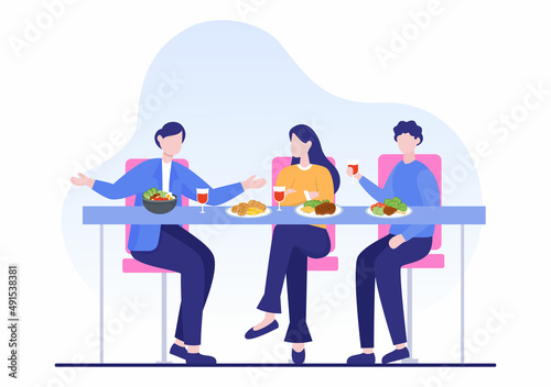 People Eating Food at Each Meal with Health Benefits, Balanced Diet, Vegan, Nutritional and the Food Should be Eaten Every Day in Flat Background Illustration