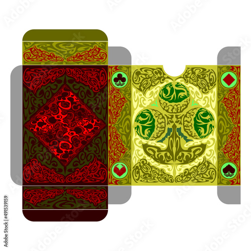 Tuck box template for poker playing cards with diamonds and clubs suits. Oriental fairy tale style. Vector illustration isolated on white background.