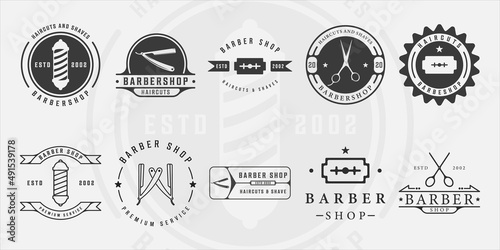 set of minimalist barbershop logo line art vintage vector illustration template icon graphic design. bundle collection of various barber shop sign or symbol for business retro concept