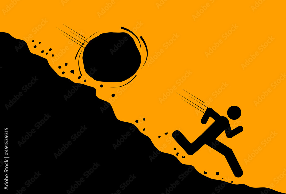 Huge rock or boulder rolling down a man from steep hill , risk